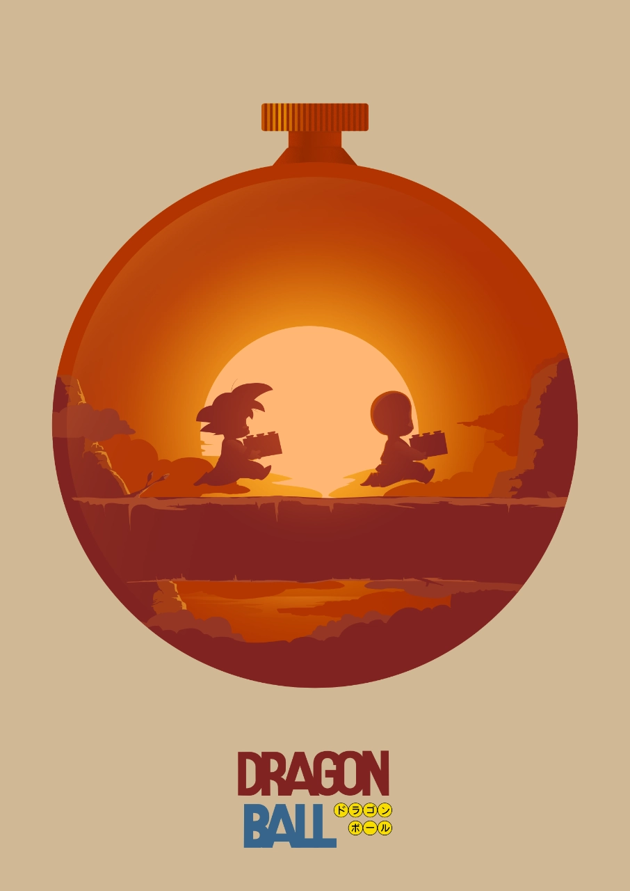 Silhouettes de Sangoku et Krilin courent sur un tronc d'arbre. L'illustration est contenue dans le radar de Goku.