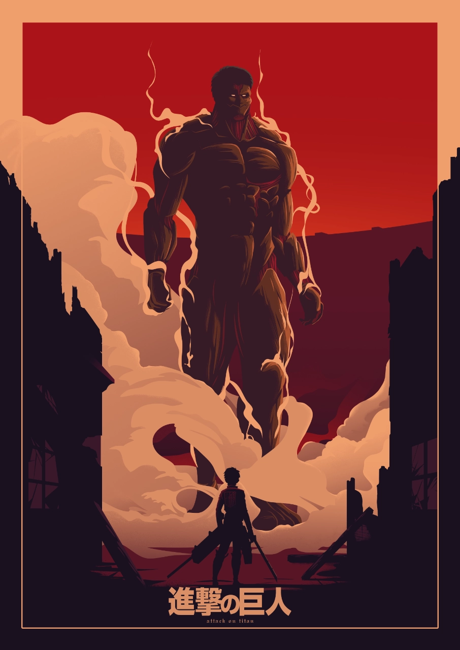 Silhouette d'Eren Jeager, tenant ses épées, qui fait face au titan cuirassé