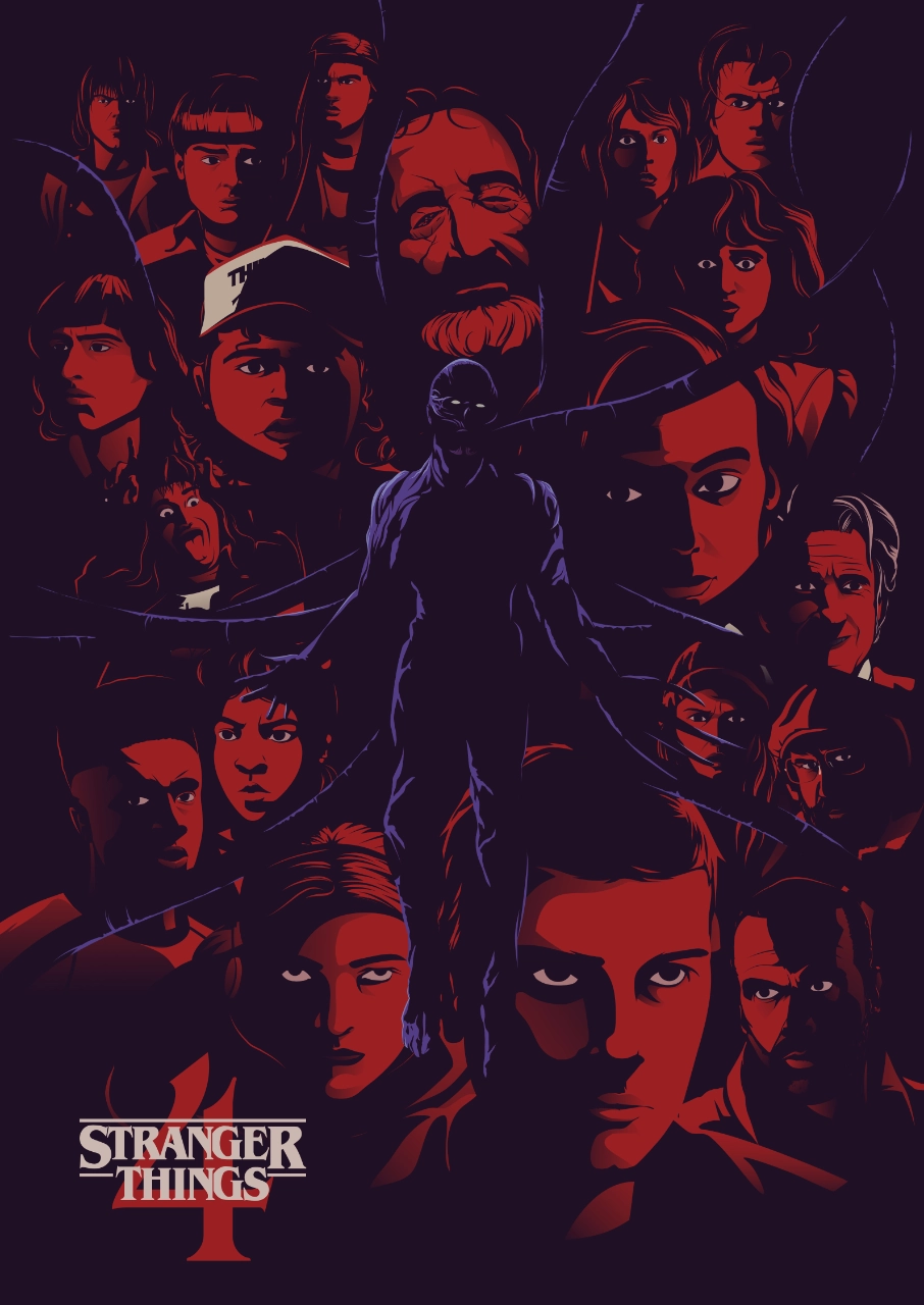 Vecna est au centre de l'image, entouré par les visages des personnages de Stranger Things en arrière-plan